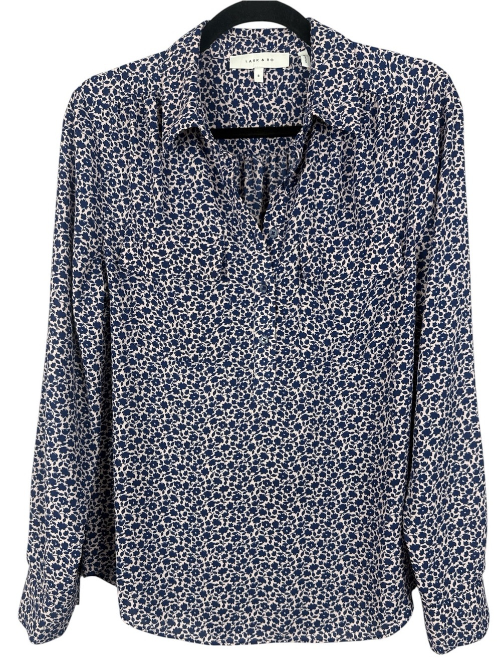 Lark & Ro Navy Blue & White Floral Button Henley Blouse Shirt Size 8